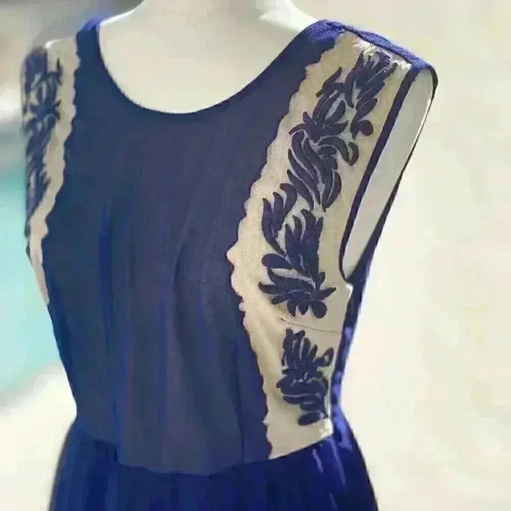 Urban Outfitters Pins and Needles Embroidered Royal Blue Deep V back Flowy Dress - Picture 6 of 12